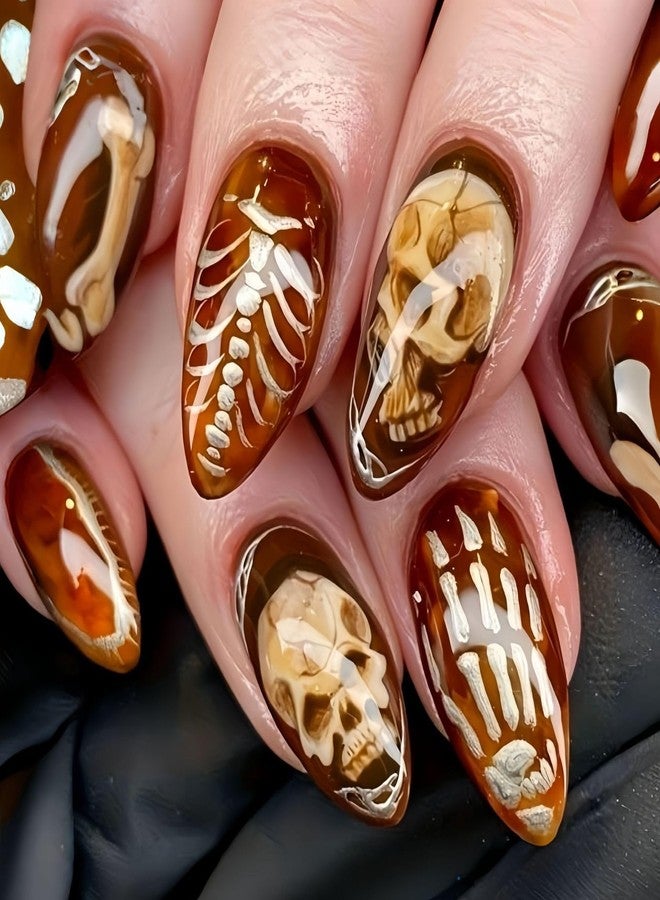 OCOUYVD Halloween Press-on Nails Brown Glossy Fake Nails Gothic Skull Hand Bone Design Full Cover Acrylic Nails Short Almond Shaped False Nails for Women 24 Pcs - Image 1